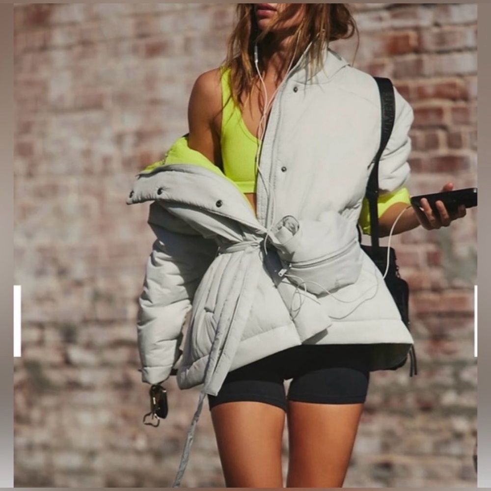 Free People Off-White Puffer Jacket with Neon Yellow Lining